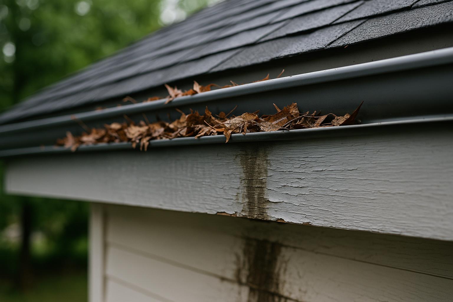 Close-up stock photo of a house gutter filled with leaves and debris, showing visible water stains and peeling paint on the wooden fascia board, highlighting signs of potential damage.