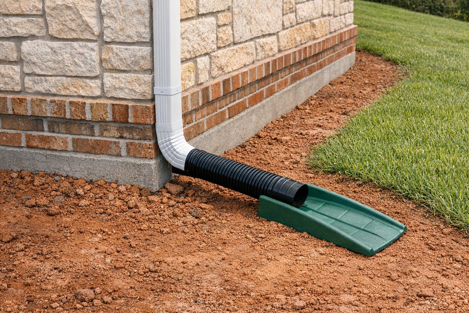 Stock photo showing a home's downspout with a splash block and extension, directing roof water away from the foundation onto Texas clay soil with graded lawn.