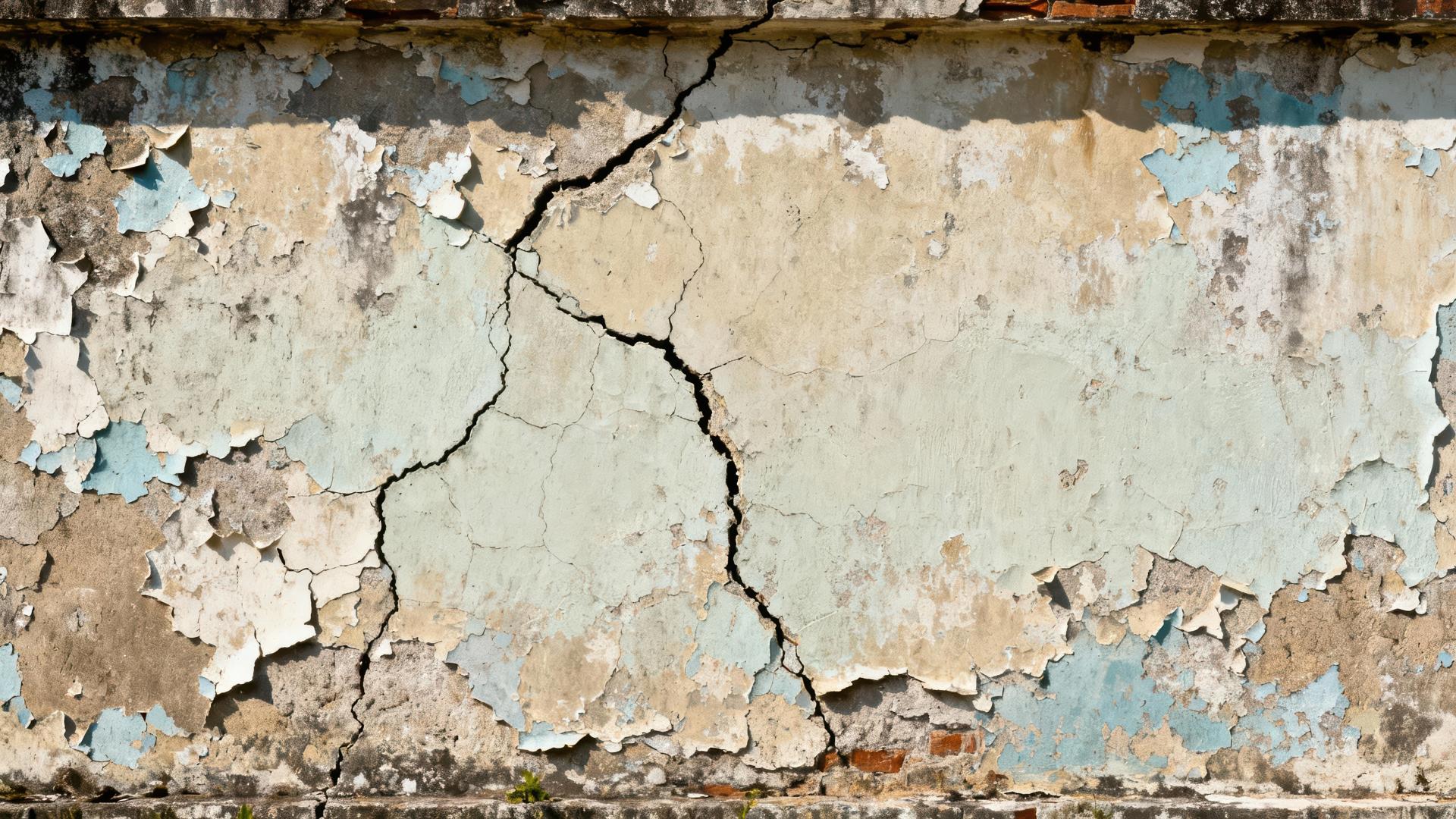 Weathered exterior wall surface displays extensive paint deterioration and structural fracturing