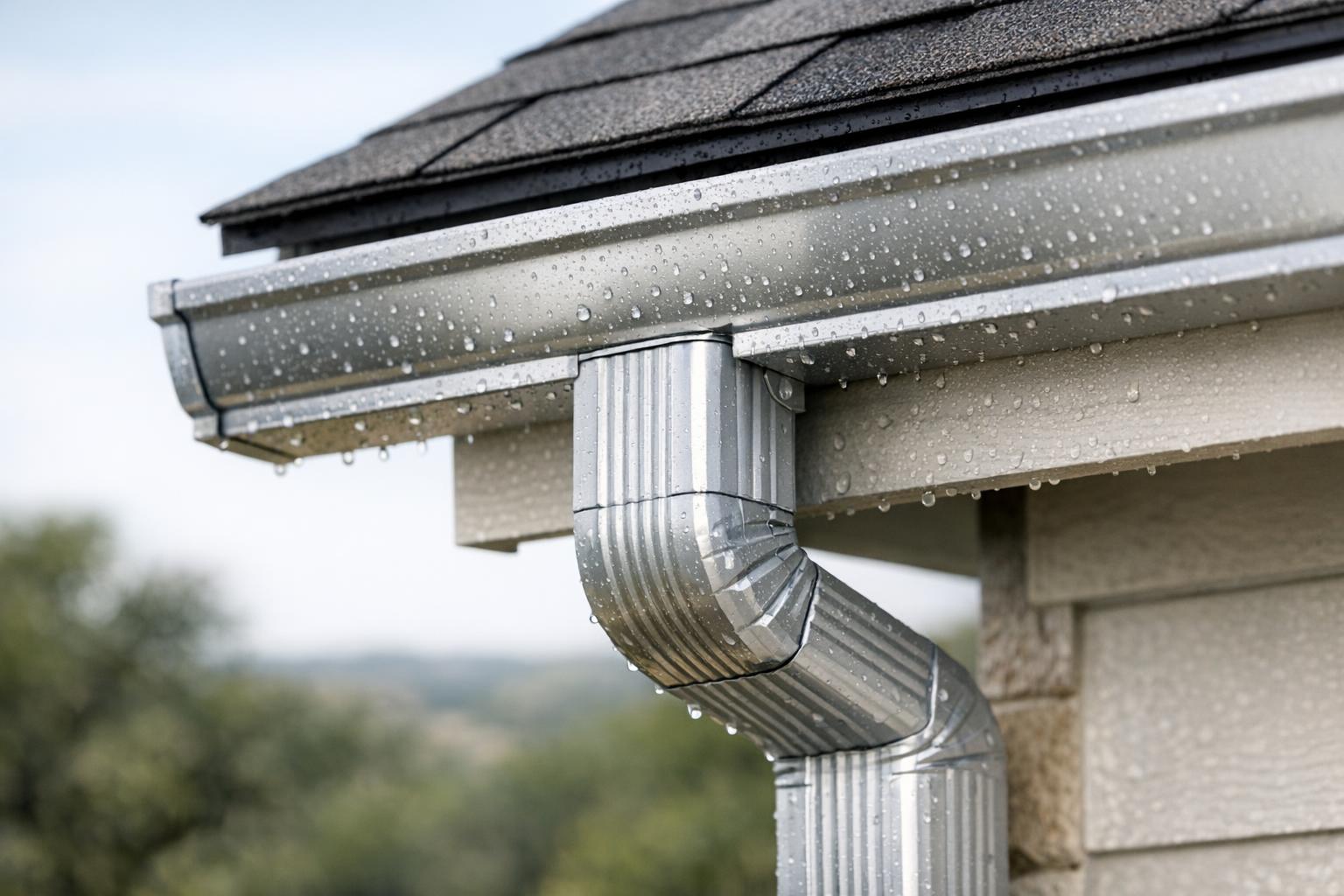 Large 3x4 aluminum downspout and gutter on a residential Texas home, designed for heavy rain, with Hill Country landscape in the background.